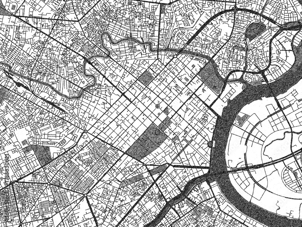 Naklejka premium Black and white cartographic illustration of Ho Chi Minh City Center, Viet Nam, in hand-drawn sketch form.