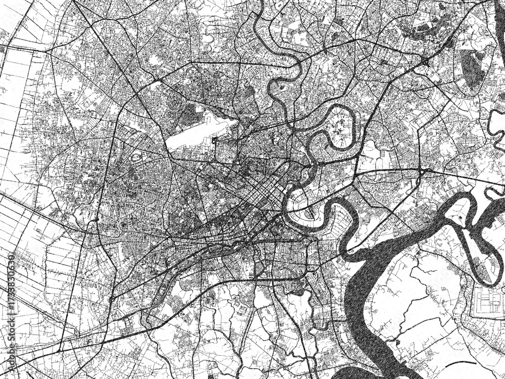 Obraz premium Black and white illustrated map of Ho Chi Minh City, Viet Nam, with streets, rivers, and neighborhoods.