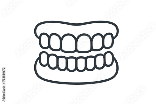 Human jaw with teeth line icon. Dental care concept. Oral hygiene. Dentist symbol. Vector of dentition. Outline illustration. Orthodontics design. Health care. Anatomy graphic.