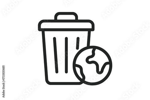 Planet Earth pollution icon. Globe in trash can. Environmental disaster, global waste, ecology problem. Save the planet concept. Minimal linear vector for web, app, banners.