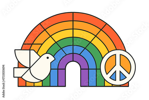 Peace and love LGBTQ concept. Rainbow, dove and peace sign. Pride month tolerance and equality symbol. Geometric mosaic style flat vector illustration for gay community event.