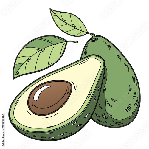 A photorealistic image of a fresh avocado sliced in half, with one half showing the large brown seed and the other half empty. The avocado has a vibrant green outer skin and smooth, creamy yellow-gree