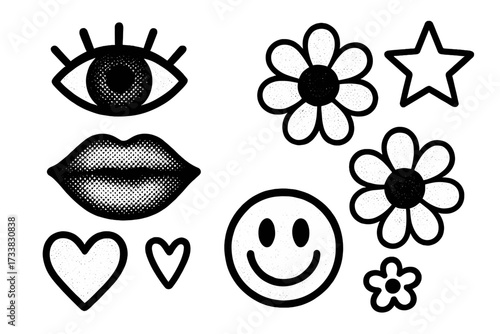 Trendy y2k icon set with photocopy texture. Groovy retro 90s zine culture elements. Halftone eye, mouth, flower, heart, star, smiley. Naive punk grunge vector graphics.