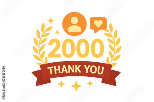 2000 followers vector illustration. Thank you social media badge. Two thousand subscribers celebration banner. Online community goal achievement. User engagement icon design.