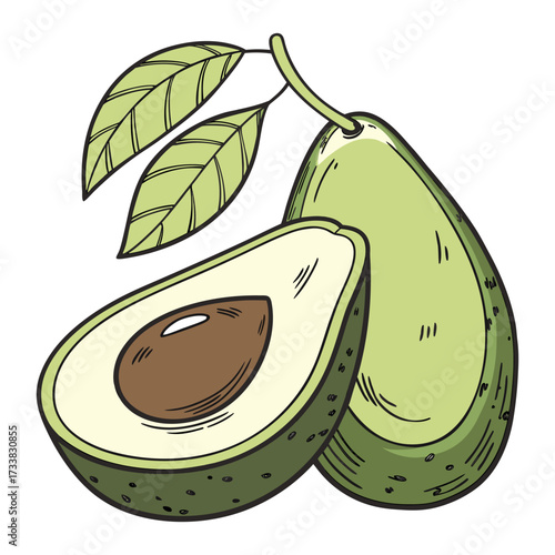 A photorealistic image of a fresh avocado sliced in half, with one half showing the large brown seed and the other half empty. The avocado has a vibrant green outer skin and smooth, creamy yellow-gree