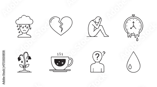 Conceptual outline icons representing mental health emotions stress depression and support vector