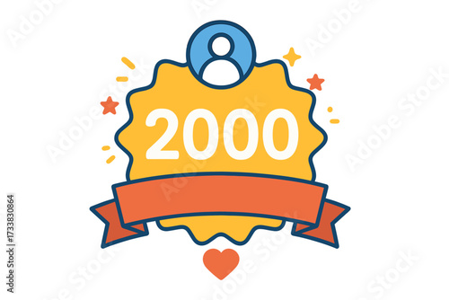 2000 followers celebration badge. Thank you vector icon for social media. Two thousand subscribers goal achievement. Blogger milestone. Isolated web button with ribbon and stars.