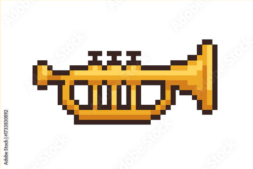 Pixel art trumpet icon. 8-bit musical instrument symbol for retro video game. Vector cartoon illustration of a golden brass wind instrument. Music, sound, jazz concept isolated.