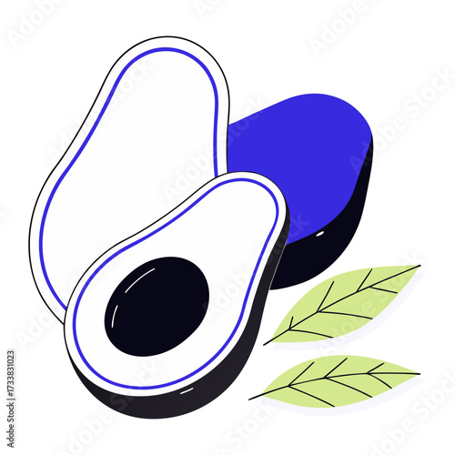 A photorealistic image of a fresh avocado sliced in half, with one half showing the large brown seed and the other half empty. The avocado has a vibrant green outer skin and smooth, creamy yellow-gree