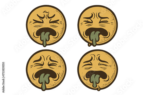 Grossed out emoticon set. Vintage retro smiley face collection. Disgusted emoji icon pack with puke and vomit expression. Nausea, sick, barf feeling concept illustration.