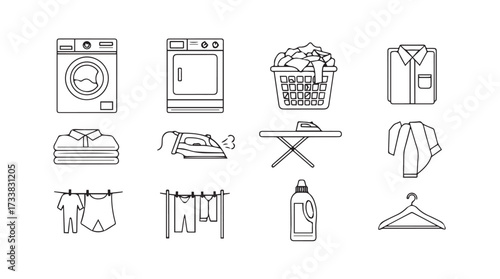 Hand drawn laundry icons set collection featuring washing machine dryer clothes basket ironing board and more vector