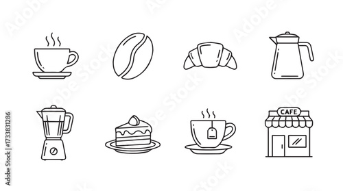 Set of hand drawn coffee shop and bakery icons featuring coffee cup croissant cake and blender vector
