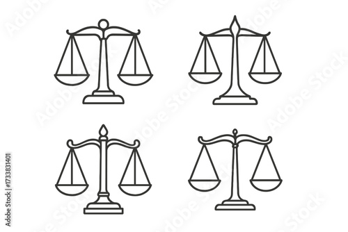 Scales of justice icon set. Law and legal concept. Symbol of balance, equality, and judgment. Court, lawyer, and judiciary pictogram collection. Outline vector illustration.
