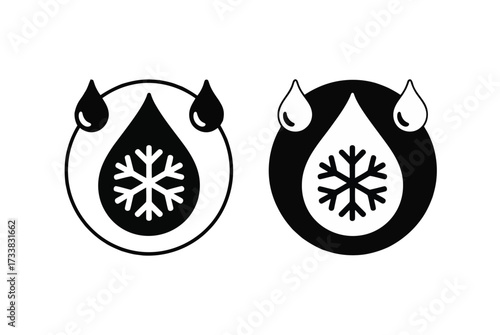 Minimalist icon design featuring water droplets and snowflake symbol for cold or frozen concepts isolated on white background