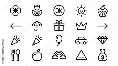 Set of 20 simple hand-drawn black line art icons for diverse applications isolated on white background