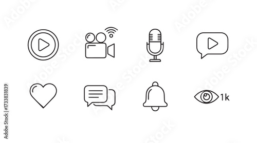 Set of outline icons for social media and communication apps play button video chat heart bell vector