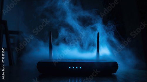 Wi-Fi router in a dark room, emitting ectoplasmic mist instead of signal waves, with faint faces in the mist
