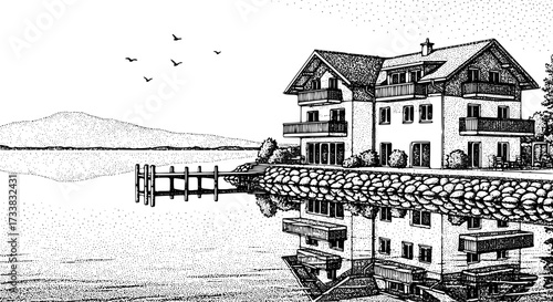 Lakeside reflection. House on the lake, monochrome  vector illustration. EPS version.