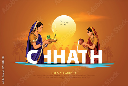 Happy Chhath Puja holiday background celebrating traditional festival of India. Creative vector illustration.