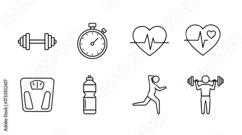 Set of fitness icons representing healthy lifestyle elements and exercise symbols vector