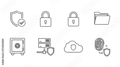 Cybersecurity icons representing data protection cloud security and digital safety solutions vector