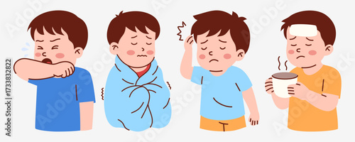 Cartoon Illustration Of A Sick Boy With Different Symptoms Like Coughing Fever Headache