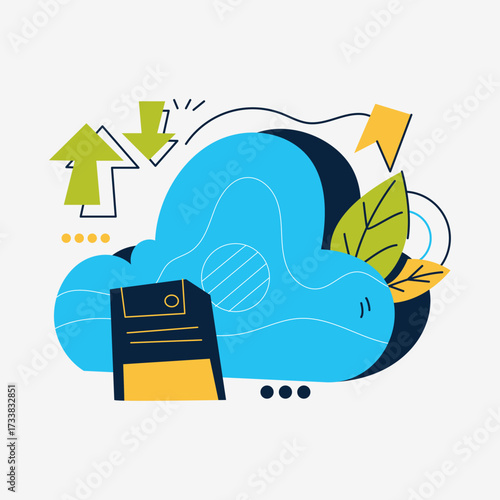 Whimsical Cloud Storage Illustration Conveying Data Transfer with Stylized Elements