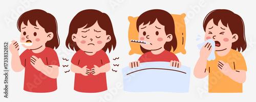 Cartoonish Illustration Depicting A Sick Young Girl Experiencing Various Illness Symptoms