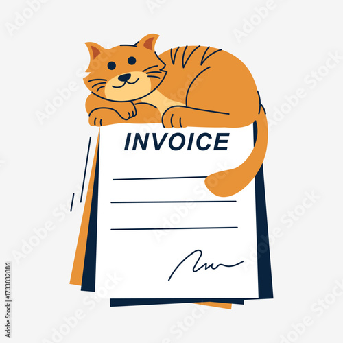 Adorable Orange Cat Resting On Top Of Stacked Documents And Invoice Ready To be Signed