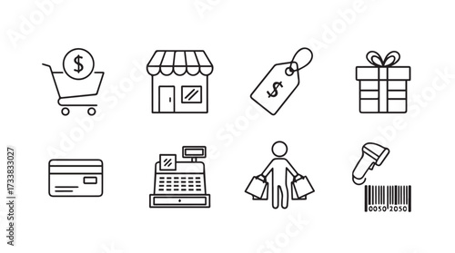 Hand drawn shopping icons set featuring cart store tag gift card cash register shopper and barcode scanner vector