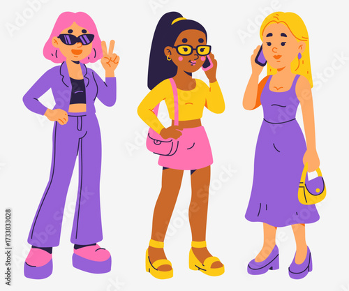 Diverse Group Of Stylish Young Women Enjoying City Life And Embracing Colorful Fashion