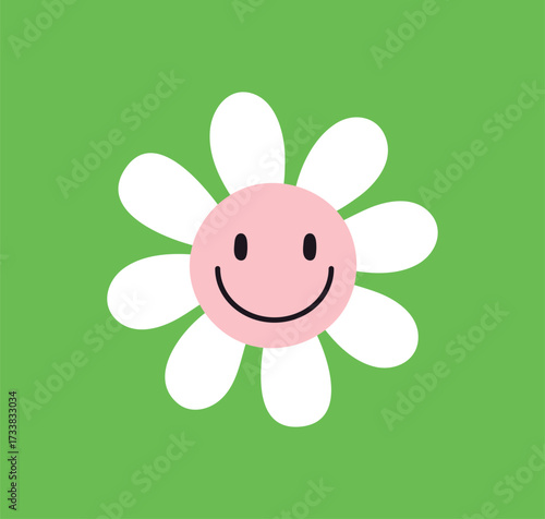 Happy flower, cute daisy with smiling face. Adorable kawaii chamomile character, emoji with cheerful expression, funny joyful friendly emotion, optimistic mood. Kids childish flat vector illustration.