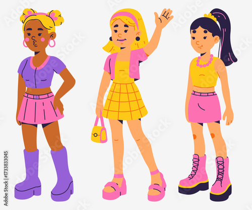 Three Fashionable Young Women In Trendy Colorful Outfits Posing With Confidence Together