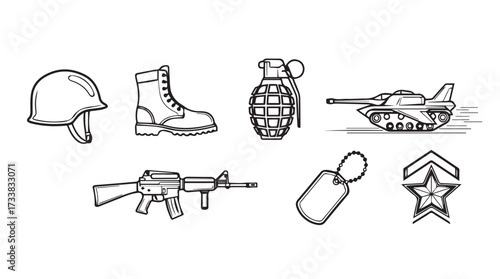 Collection of military equipment and symbols hand drawn sketch style objects vector