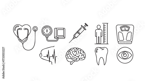 Hand drawn medical icons set cardiology brain syringe stethoscope health care equipment symbols vector