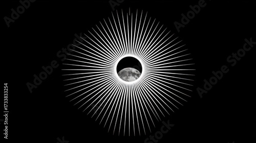 Moon framed by radiating lines on black background