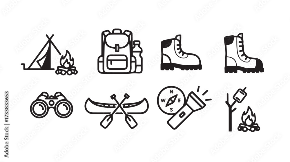 Naklejka premium Outdoor adventure gear set with tent backpack boots binoculars canoe compass flashlight marshmallow vector