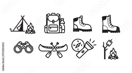 Outdoor adventure gear set with tent backpack boots binoculars canoe compass flashlight marshmallow vector