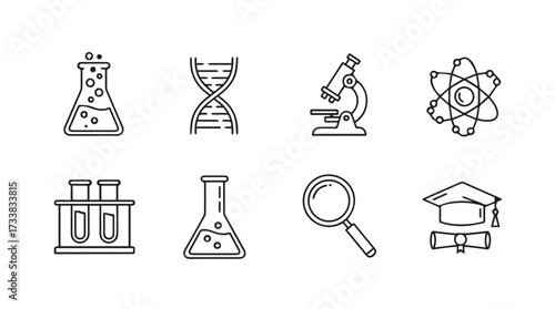 Set of science icons featuring laboratory equipment and educational symbols vector