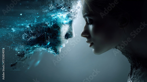 A beautiful woman and an AI robot facing each other, concept of integration between humans and artificial intelligence
