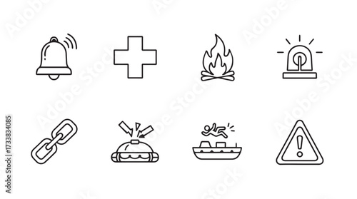 Emergency and safety icons set warning alert fire bell medical first aid link and ship symbols outline style vector