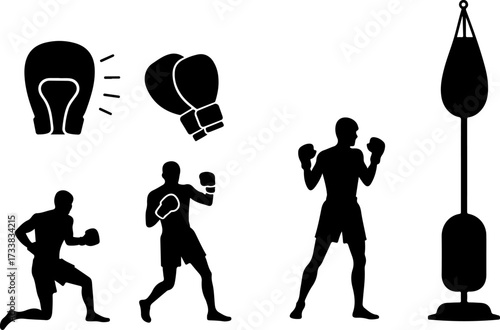Boxing Equipment and Fighter Silhouettes Set