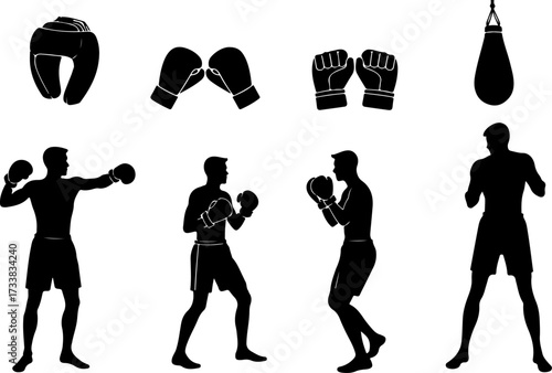 Boxing Equipment and Fighter Silhouettes Set