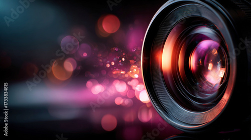 Video camera lens extreme close-up, photo, cinematography and media concept