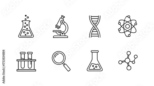 Drawn scientific icons featuring beakers microscopes dna molecules atoms and test tubes set vector