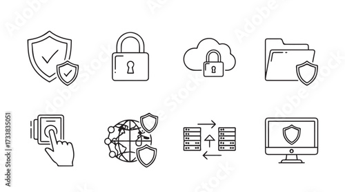 Set of security icons featuring shield lock cloud folder fingerprint globe servers and computer monitor vector