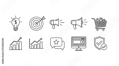 Doodle icons representing business growth marketing strategy and success symbols on white vector