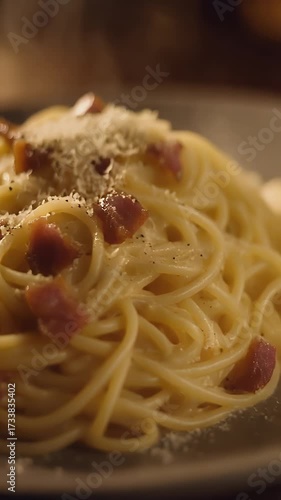 Slow Circular Dolly Shot of Creamy Carbonara Pasta Dish Close Up