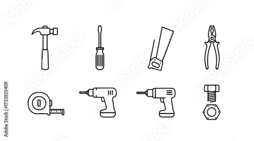 Collection of hand drawn tools including hammer screwdriver saw pliers drill and tape measure vector