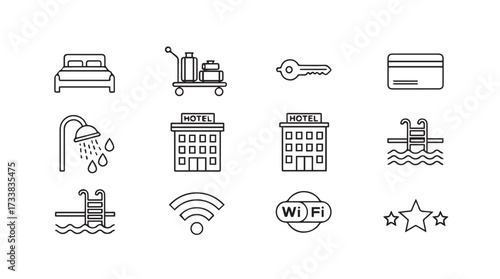Hotel icons collection simple line art amenities accommodation services travel hospitality business concept vector